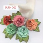 R50 - 703 (6 Pcs)     6 Mixed Orange / Creamy Pink / Mint / Aqua / Peach Large Mulberry Paper Roses