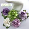 6 Mixed Purple / Green / White  Large Mulberry Paper Roses