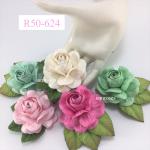 R50 - 624 (6 Pcs)     6 Mixed Pink / Green / White Large Mulberry Paper Roses