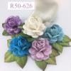 R50 - 626 (6 Pcs)     6 Mixed Purple / Turquoise / White Large Mulberry Paper Roses